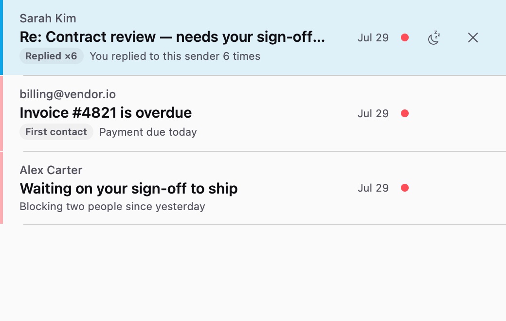 Mail rows showing sender, subject and why each landed in its tier